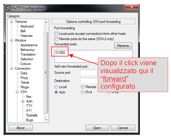 Creare un tunnel ssh con putty: assegnazione porta dinamica per il forwarding