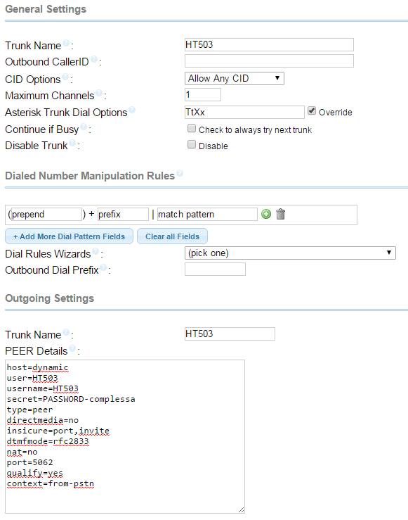 FreePBX: trunk sip per Grandstream HT-503